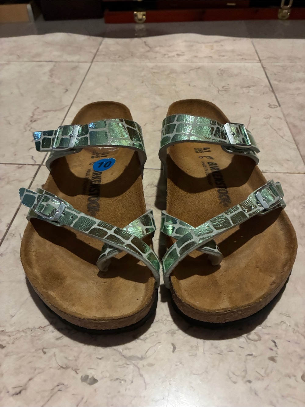 Birkenstock Iridescent Green Croc-Print Toe-Loop Sandals